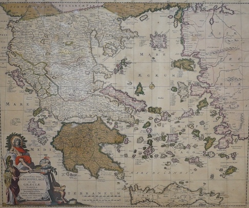 After Nicholas Visscher, antique engraved hand coloured map of Greece, circa 1700, 53 x 62cm. Condition - poor to fair